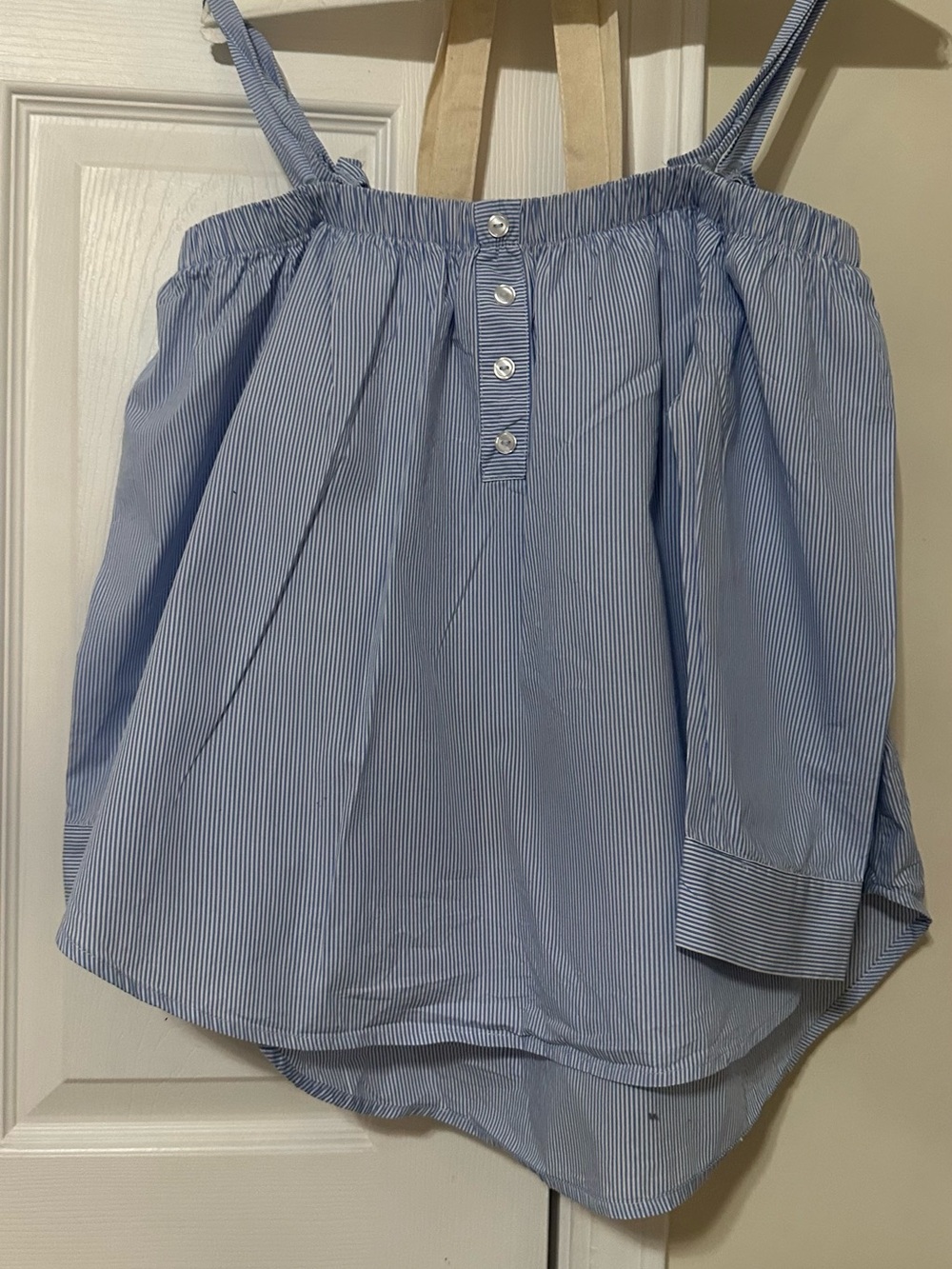 Blue and White Pinstripe Off-Shoulder Button Tank. Straps can be removed